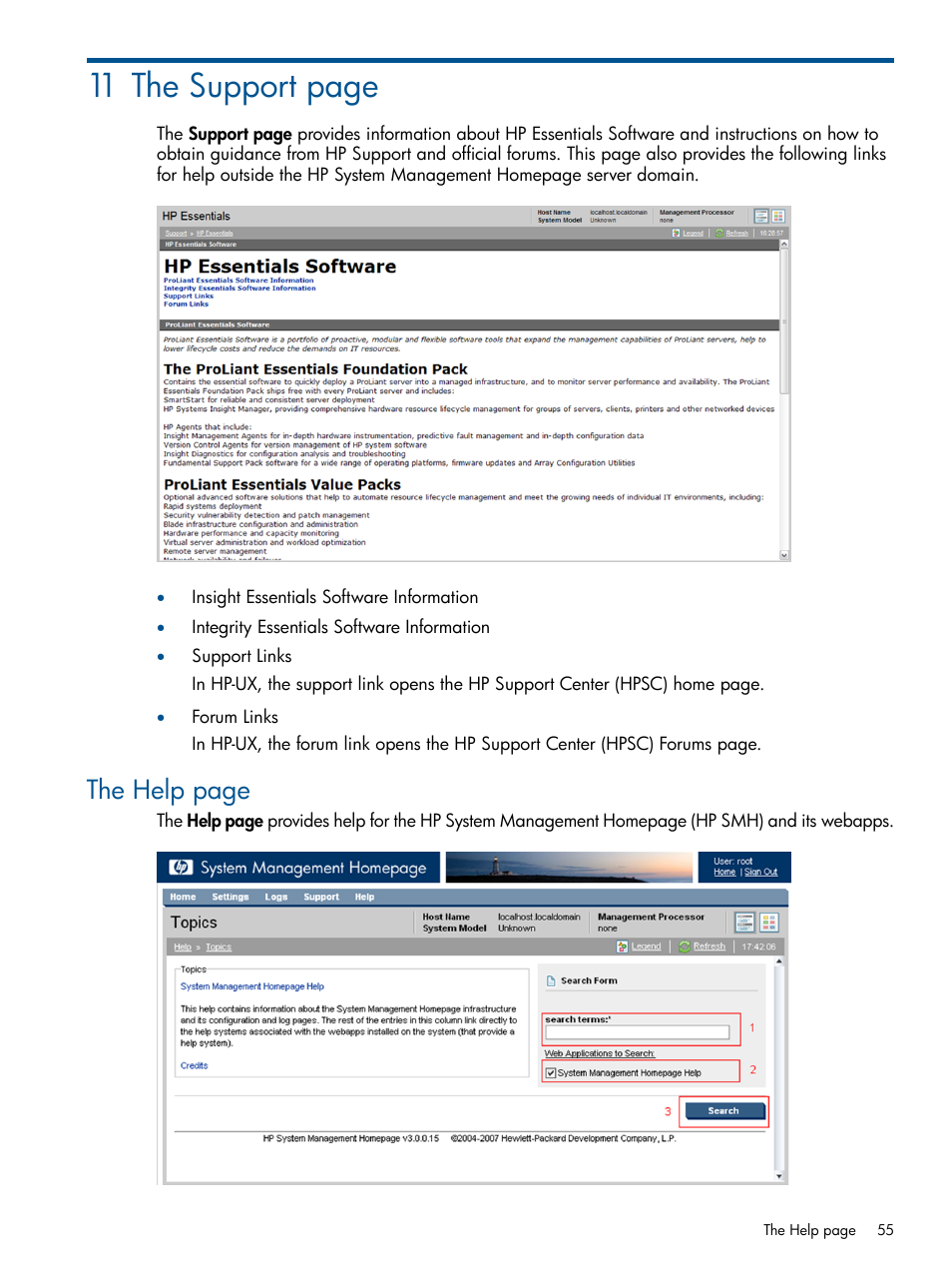 11 the support page, The help page | HP Serveur lame HP ProLiant BL680c G5 User Manual | Page 55 / 90