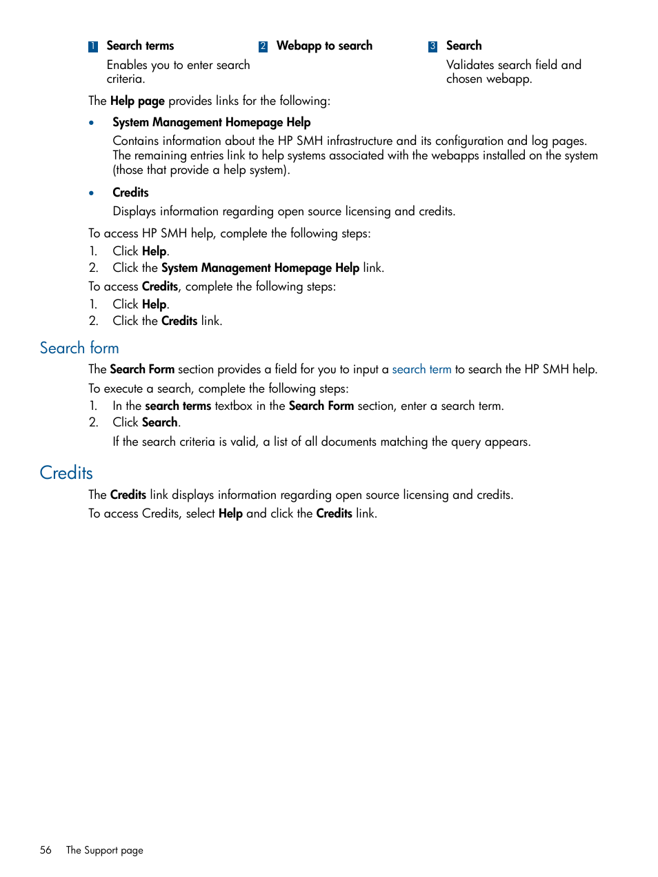Search form, Credits | HP Serveur lame HP ProLiant BL680c G5 User Manual | Page 56 / 90