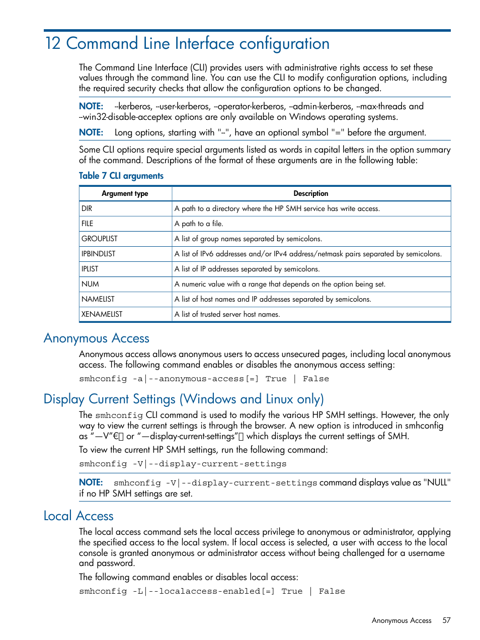 12 command line interface configuration, Anonymous access, Display current settings (windows and linux only) | Local access | HP Serveur lame HP ProLiant BL680c G5 User Manual | Page 57 / 90