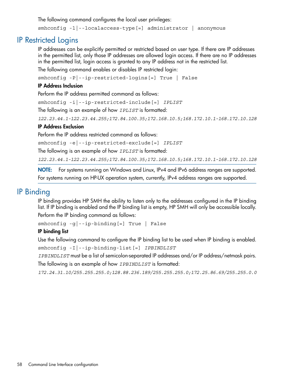 Ip restricted logins, Ip binding, Ip restricted logins ip binding | HP Serveur lame HP ProLiant BL680c G5 User Manual | Page 58 / 90