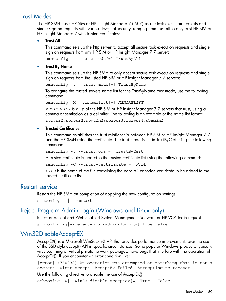 Trust modes, Restart service, Win32disableacceptex | HP Serveur lame HP ProLiant BL680c G5 User Manual | Page 59 / 90