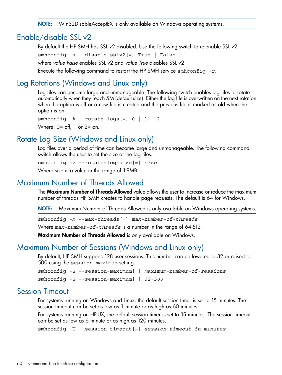 Enable/disable ssl v2, Log rotations (windows and linux only), Rotate log size (windows and linux only) | Maximum number of threads allowed, Session timeout | HP Serveur lame HP ProLiant BL680c G5 User Manual | Page 60 / 90