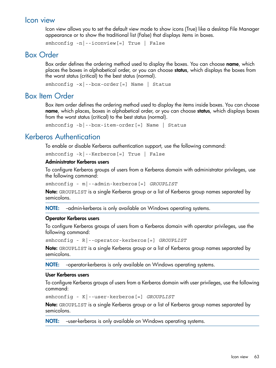 Icon view, Box order, Box item order | Kerberos authentication | HP Serveur lame HP ProLiant BL680c G5 User Manual | Page 63 / 90