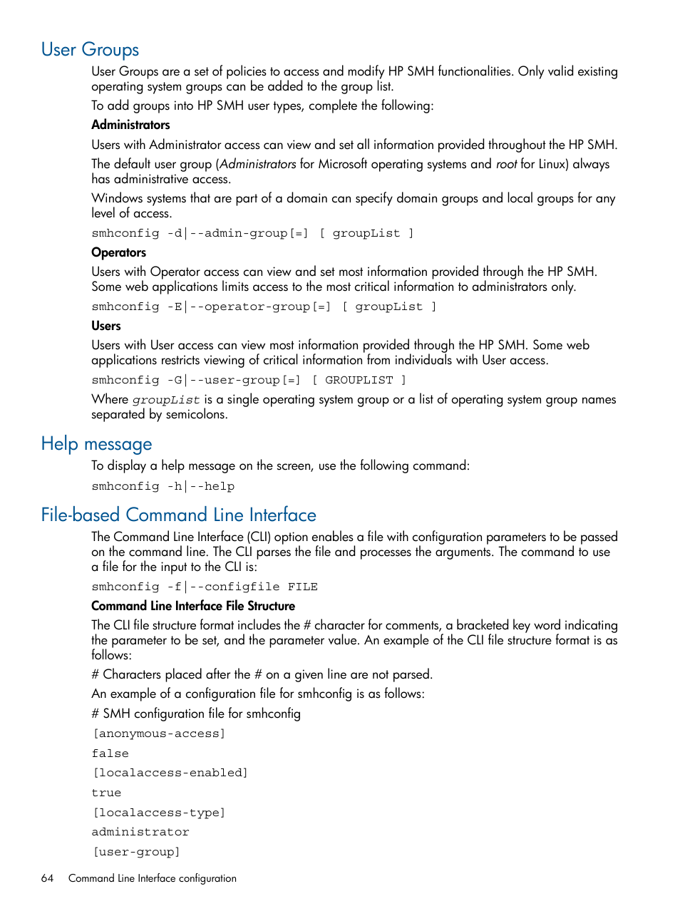 User groups, Help message, File-based command line interface | HP Serveur lame HP ProLiant BL680c G5 User Manual | Page 64 / 90