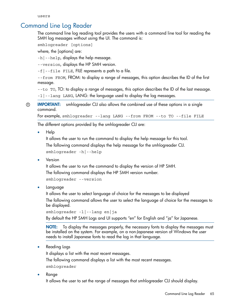 Command line log reader | HP Serveur lame HP ProLiant BL680c G5 User Manual | Page 65 / 90