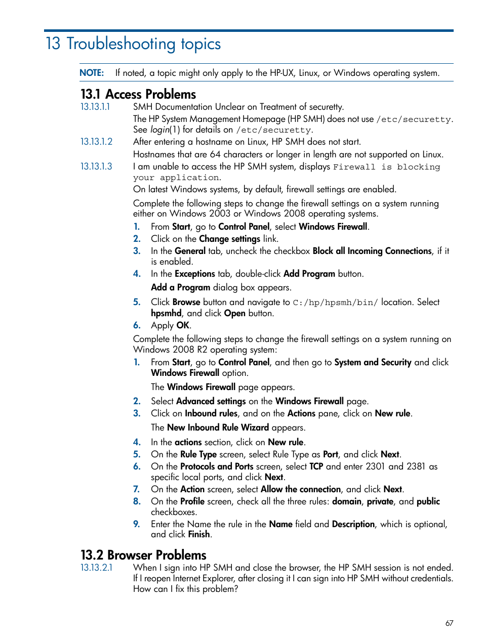 13 troubleshooting topics, 1 access problems, 2 browser problems | HP Serveur lame HP ProLiant BL680c G5 User Manual | Page 67 / 90