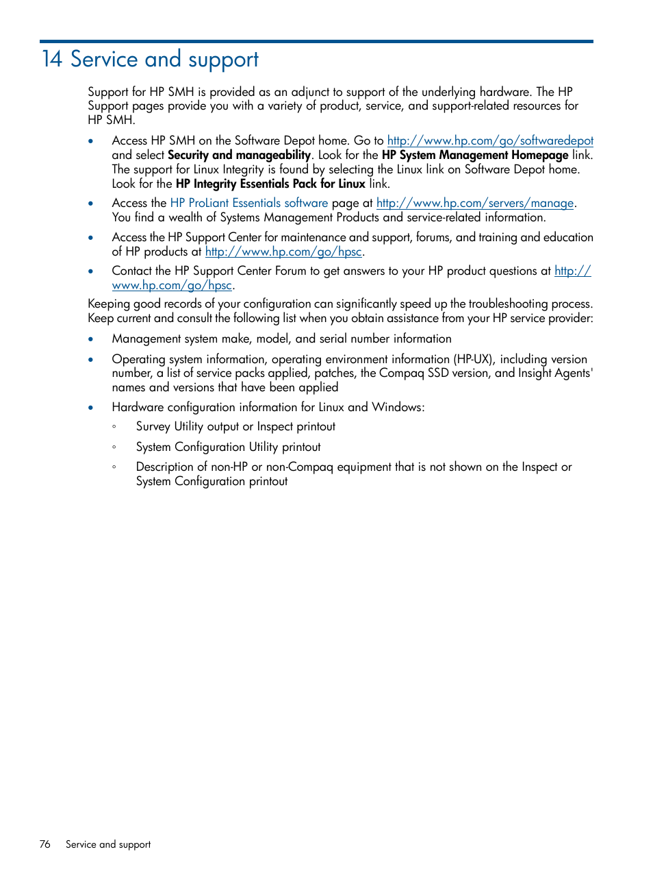 14 service and support | HP Serveur lame HP ProLiant BL680c G5 User Manual | Page 76 / 90