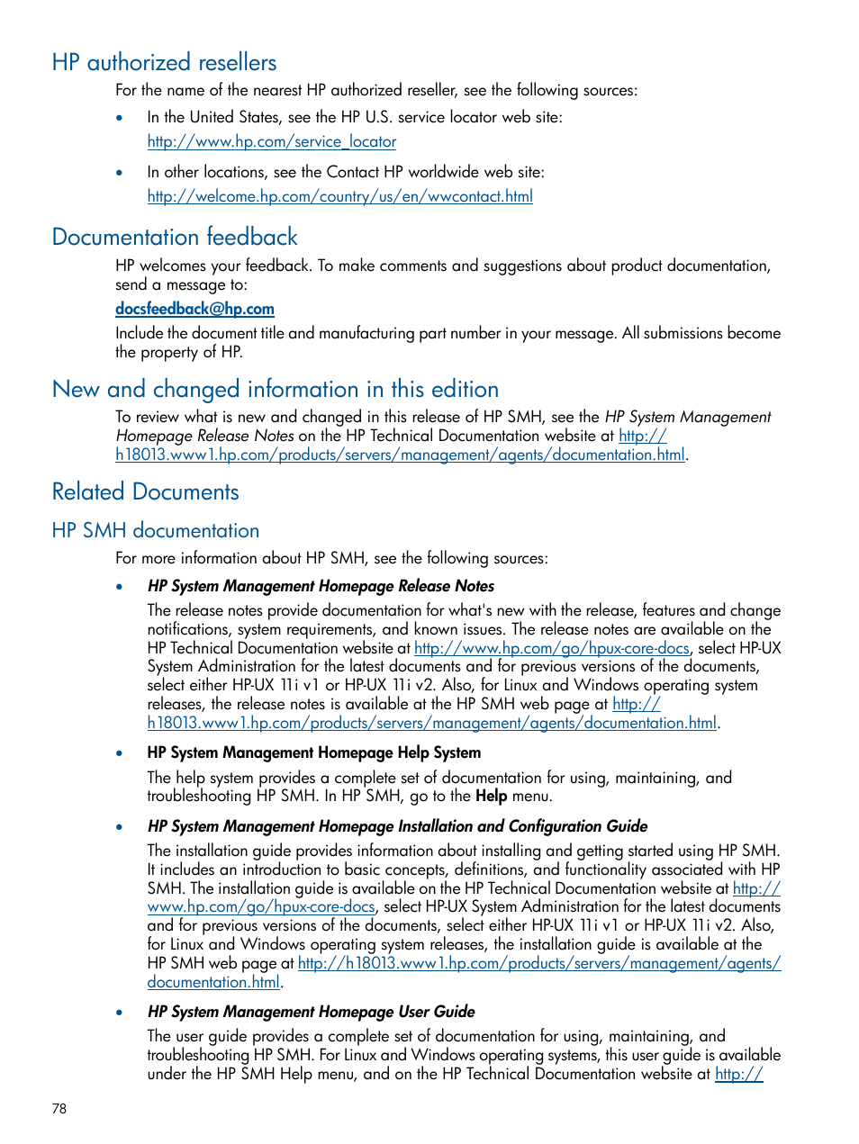 Hp authorized resellers, Documentation feedback, New and changed information in this edition | Related documents, Hp smh documentation | HP Serveur lame HP ProLiant BL680c G5 User Manual | Page 78 / 90