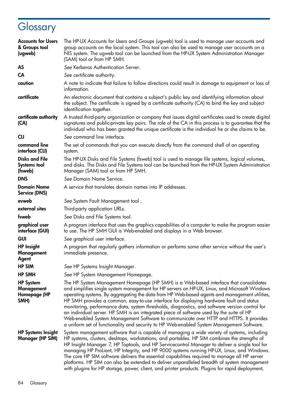 Glossary, Certificate, Certificate authority | Hp systems, Insight manager, Hp smh, Hp system, Certificates, Certificate authority (ca) | HP Serveur lame HP ProLiant BL680c G5 User Manual | Page 84 / 90