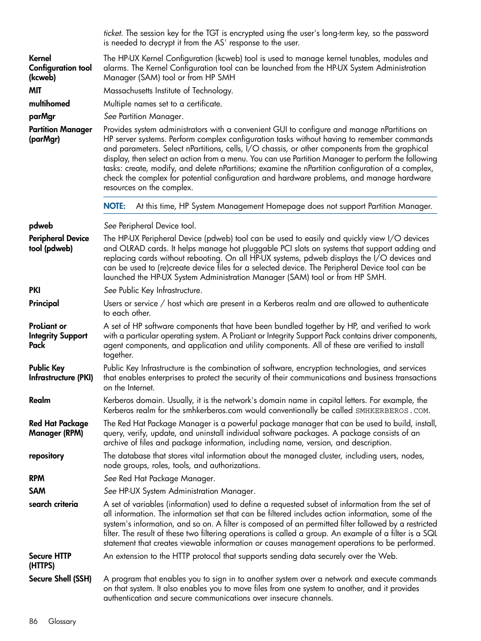 Public key infrastructure, Realm, Principals | Multihomed | HP Serveur lame HP ProLiant BL680c G5 User Manual | Page 86 / 90