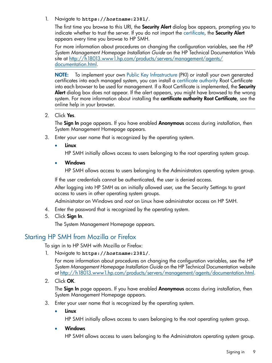 Starting hp smh from mozilla or firefox | HP Serveur lame HP ProLiant BL680c G5 User Manual | Page 9 / 90