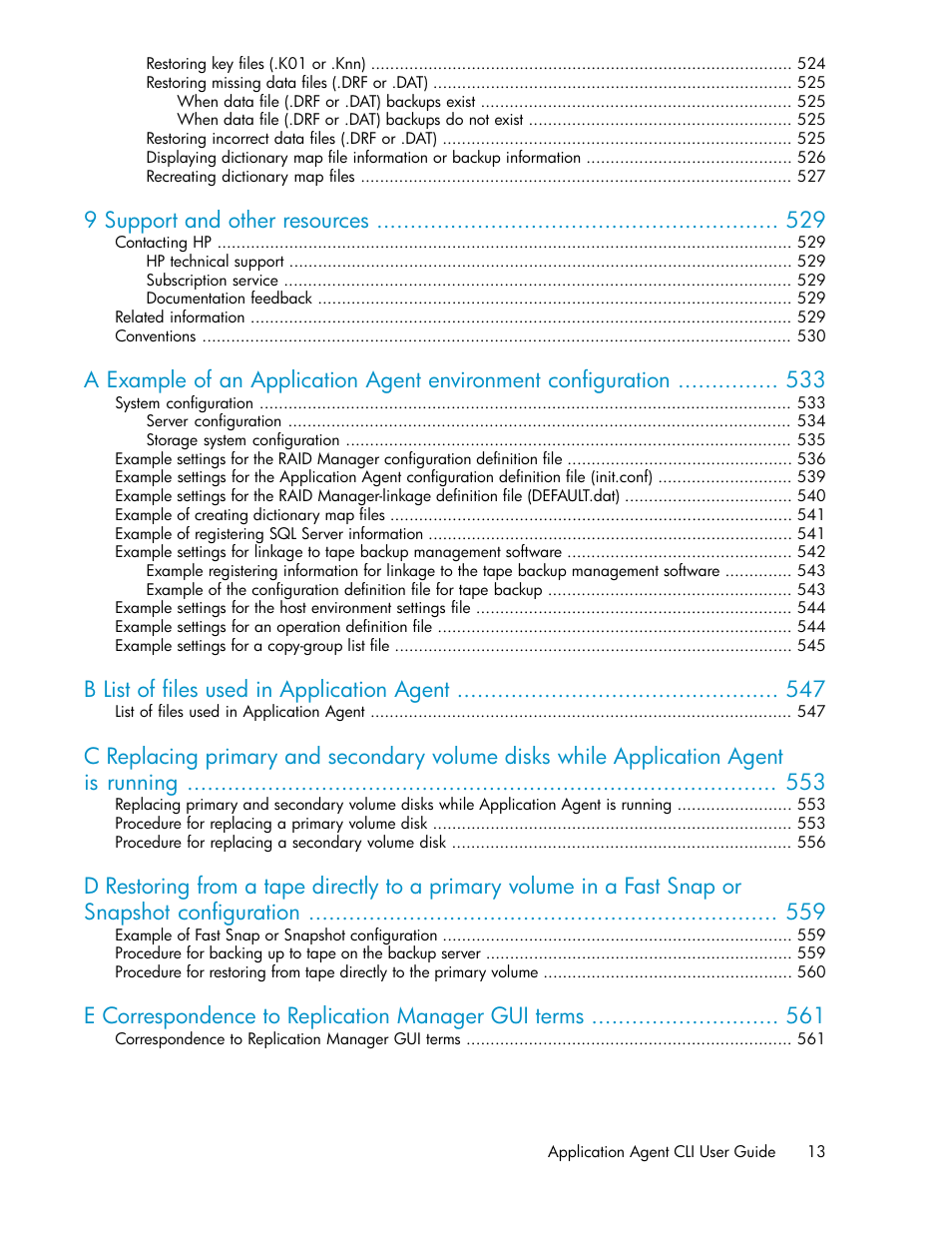 9 support and other resources, B list of files used in application agent, E correspondence to replication manager gui terms | HP Serveur lame HP ProLiant BL465c Gen8 User Manual | Page 13 / 578
