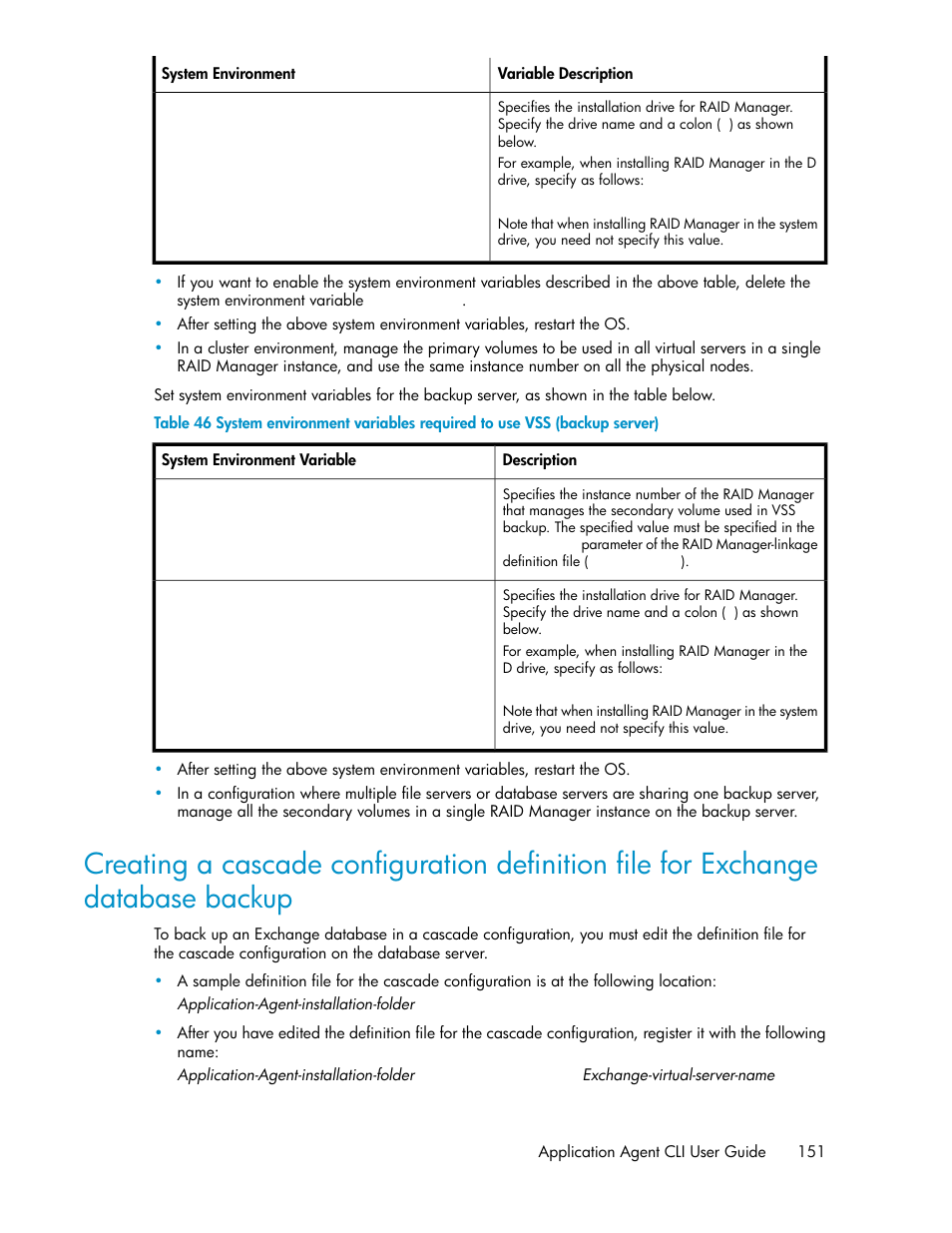 Creating a cascade configuration definition file, For exchange database backup | HP Serveur lame HP ProLiant BL465c Gen8 User Manual | Page 151 / 578