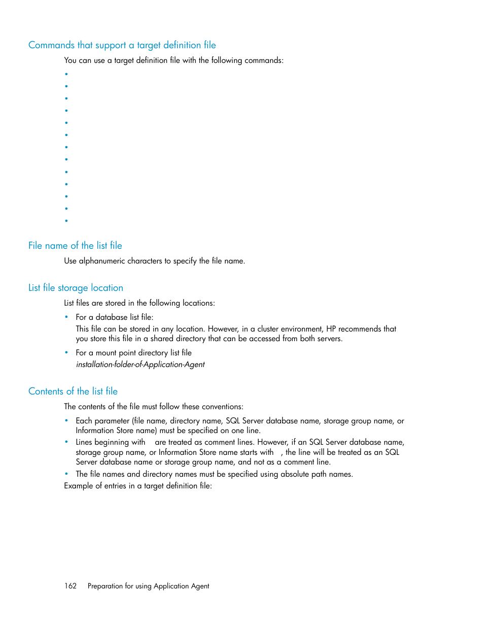 Commands that support a target definition file, File name of the list file, List file storage location | Contents of the list file, 162 file name of the list file, 162 list file storage location, 162 contents of the list file | HP Serveur lame HP ProLiant BL465c Gen8 User Manual | Page 162 / 578