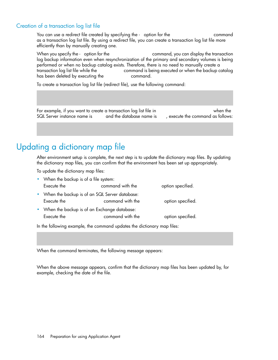 Creation of a transaction log list file, Updating a dictionary map file | HP Serveur lame HP ProLiant BL465c Gen8 User Manual | Page 164 / 578
