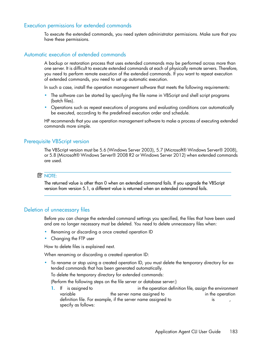 Execution permissions for extended commands, Automatic execution of extended commands, Prerequisite vbscript version | Deletion of unnecessary files, 183 automatic execution of extended commands, 183 prerequisite vbscript version, 183 deletion of unnecessary files | HP Serveur lame HP ProLiant BL465c Gen8 User Manual | Page 183 / 578