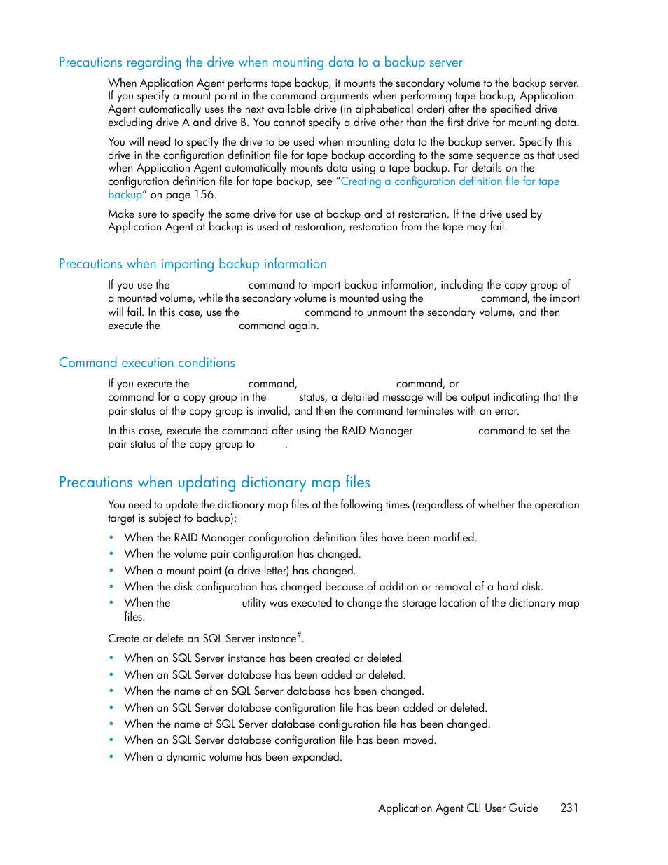 Precautions when importing backup information, Command execution conditions, Precautions when updating dictionary map files | 231 precautions when importing backup information, 231 command execution conditions, Precautions, When updating dictionary map files | HP Serveur lame HP ProLiant BL465c Gen8 User Manual | Page 231 / 578