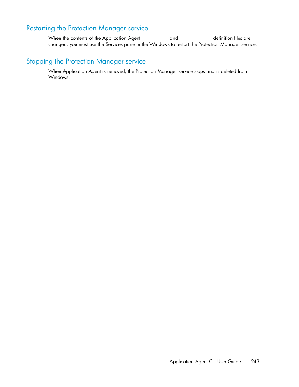 Restarting the protection manager service, Stopping the protection manager service, 243 stopping the protection manager service | HP Serveur lame HP ProLiant BL465c Gen8 User Manual | Page 243 / 578