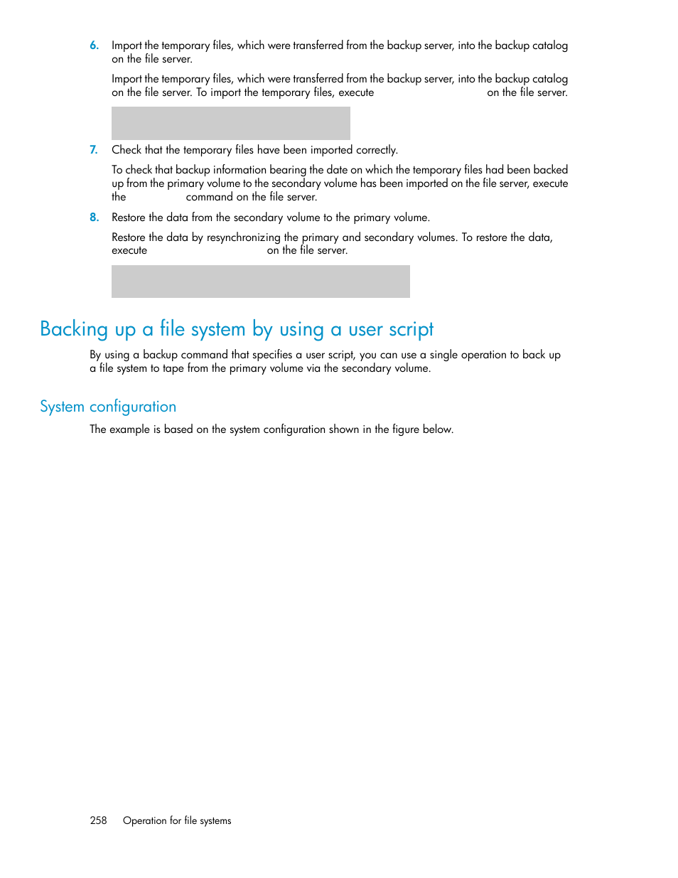 Backing up a file system by using a user script, System configuration, Backing up a file system by using a user | Script | HP Serveur lame HP ProLiant BL465c Gen8 User Manual | Page 258 / 578