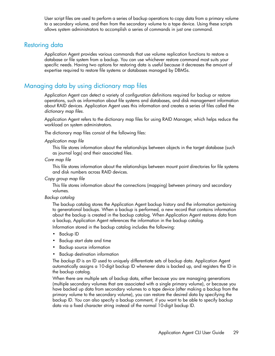 Restoring data, Managing data by using dictionary map files, 29 managing data by using dictionary map files | HP Serveur lame HP ProLiant BL465c Gen8 User Manual | Page 29 / 578