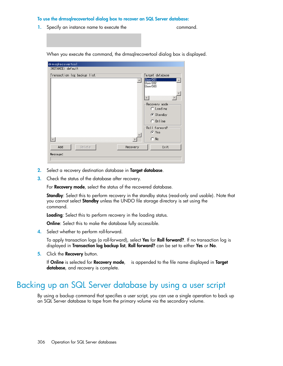 Backing up an sql server, Database by using a user script | HP Serveur lame HP ProLiant BL465c Gen8 User Manual | Page 306 / 578