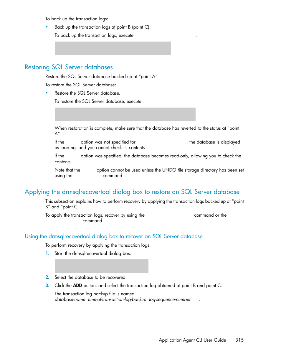 Restoring sql server databases, Server database | HP Serveur lame HP ProLiant BL465c Gen8 User Manual | Page 315 / 578
