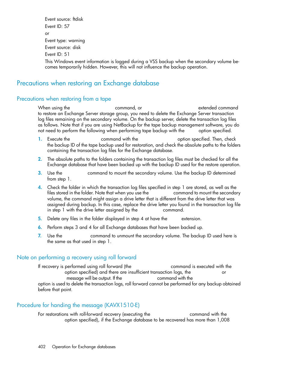 Precautions when restoring an exchange database, Precautions when restoring from a tape, Note on performing a recovery using roll forward | Procedure for handing the message (kavx1510-e), 402 procedure for handing the message (kavx1510-e) | HP Serveur lame HP ProLiant BL465c Gen8 User Manual | Page 402 / 578