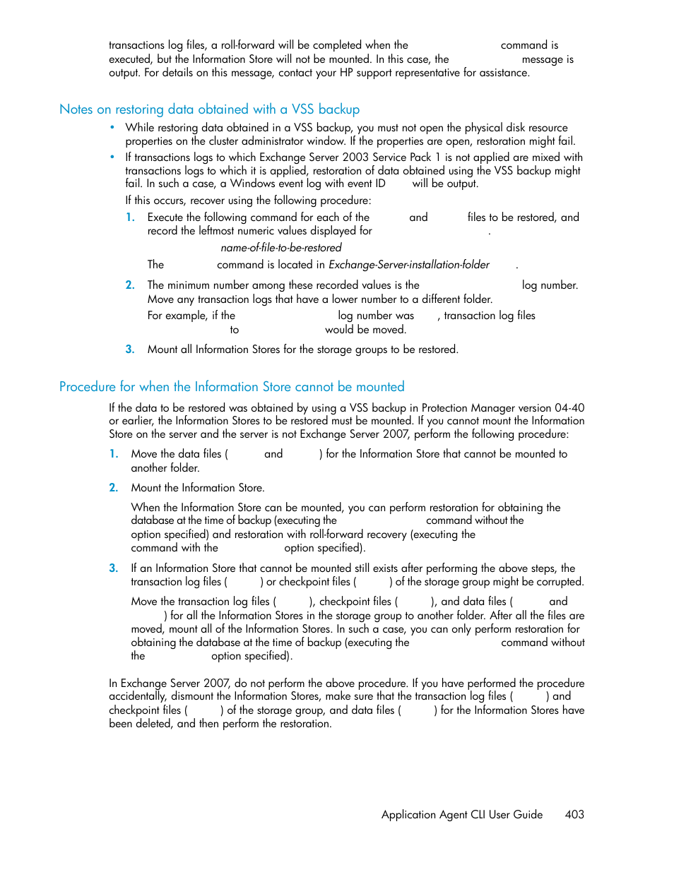 Notes on restoring data obtained with a vss backup | HP Serveur lame HP ProLiant BL465c Gen8 User Manual | Page 403 / 578