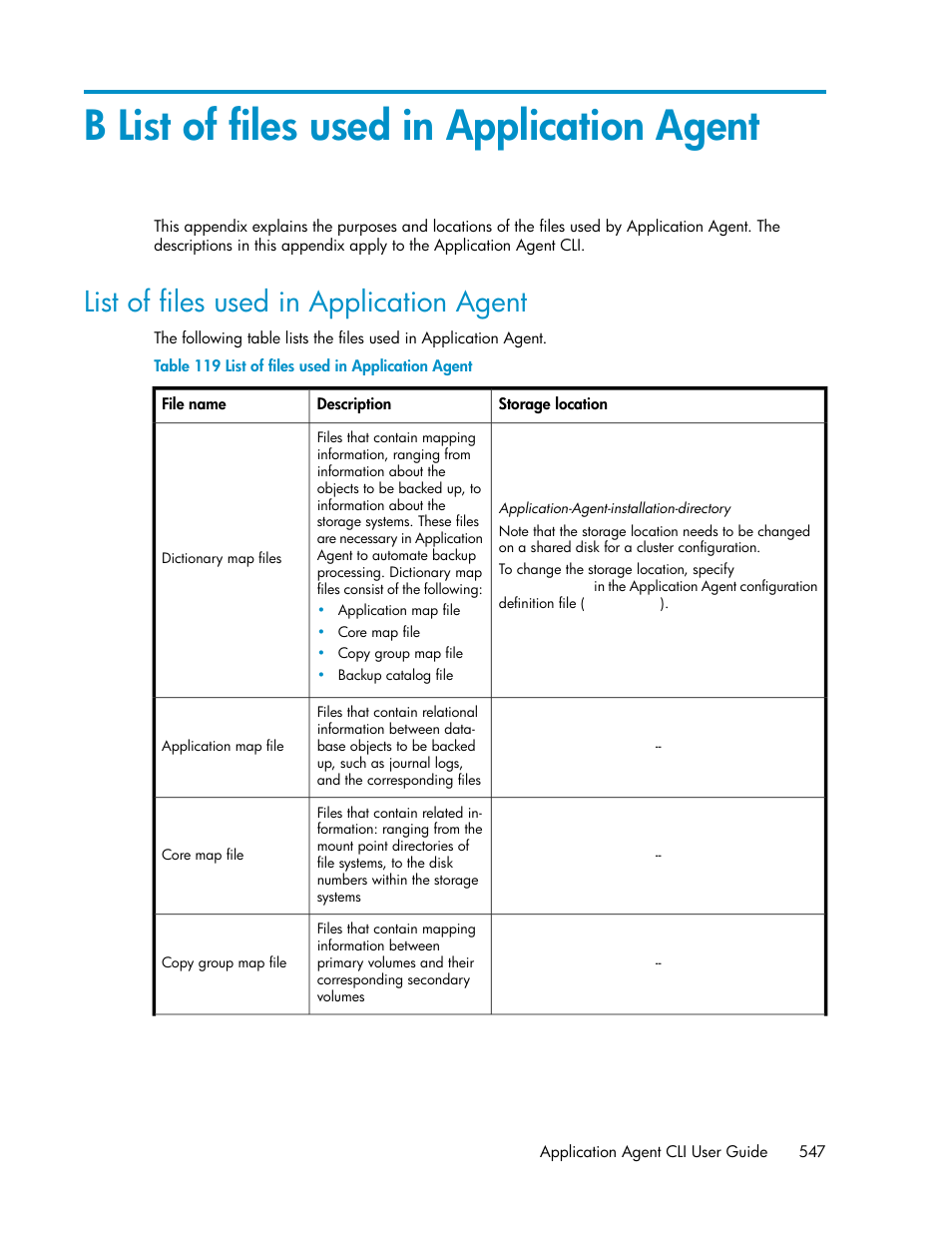B list of files used in application agent, List of files used in application agent | HP Serveur lame HP ProLiant BL465c Gen8 User Manual | Page 547 / 578