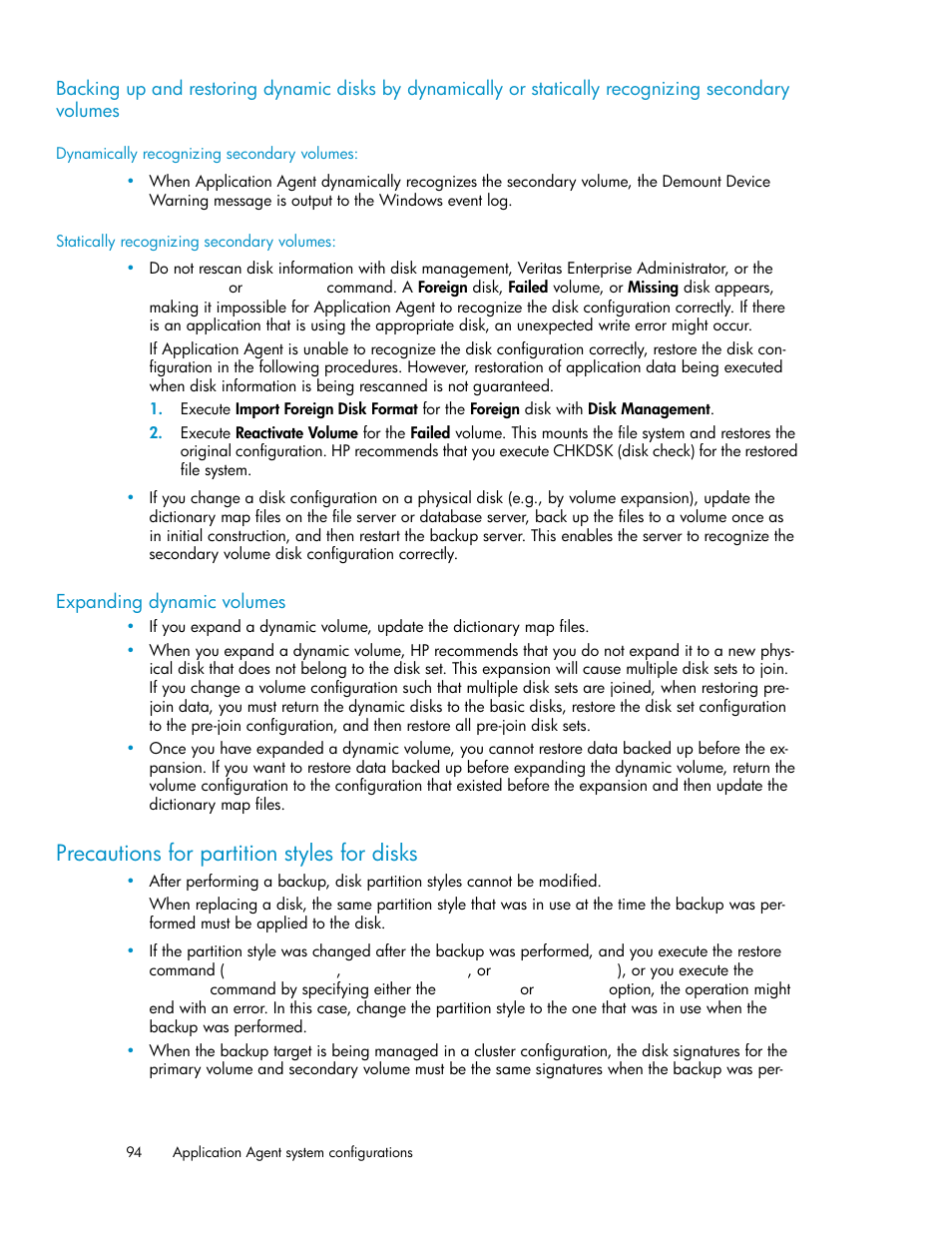 Expanding dynamic volumes, Precautions for partition styles for disks, 94 expanding dynamic volumes | HP Serveur lame HP ProLiant BL465c Gen8 User Manual | Page 94 / 578