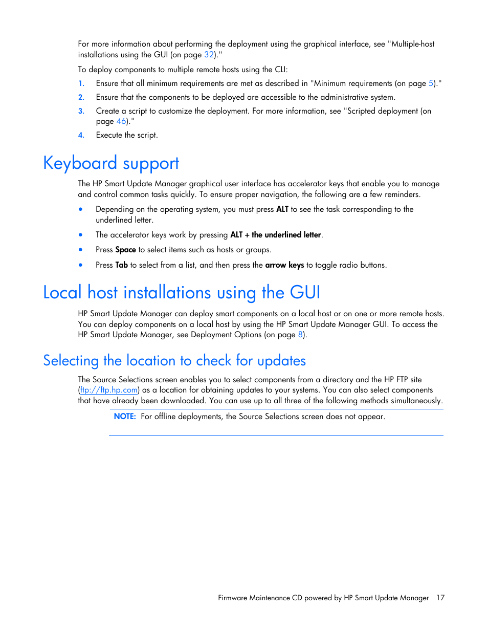 Keyboard support, Local host installations using the gui, Selecting the location to check for updates | HP ProLiant BL685c G5 Server Blade User Manual | Page 17 / 87