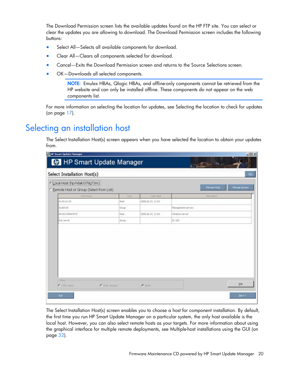 Selecting an installation host | HP ProLiant BL685c G5 Server Blade User Manual | Page 20 / 87