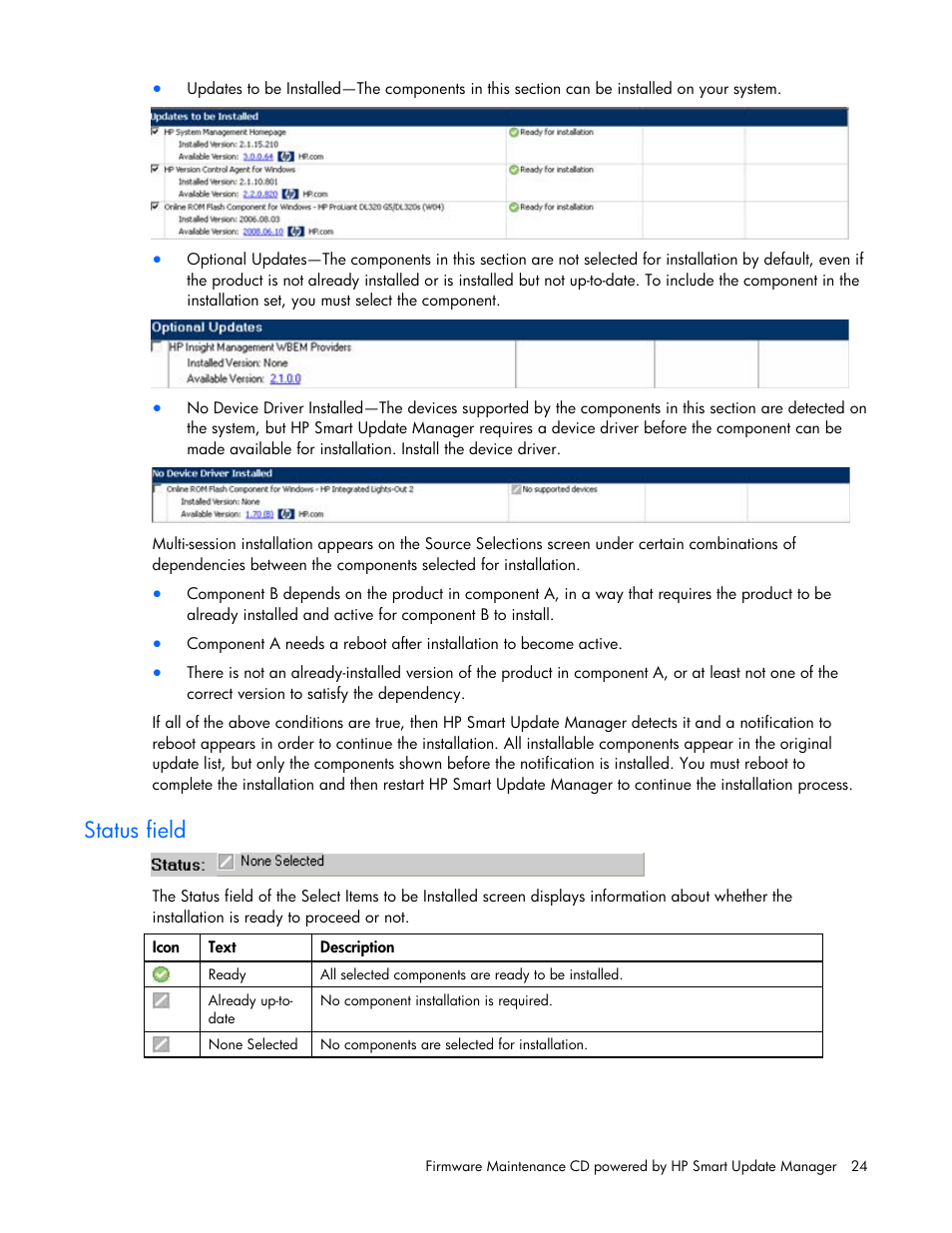 Status field | HP ProLiant BL685c G5 Server Blade User Manual | Page 24 / 87