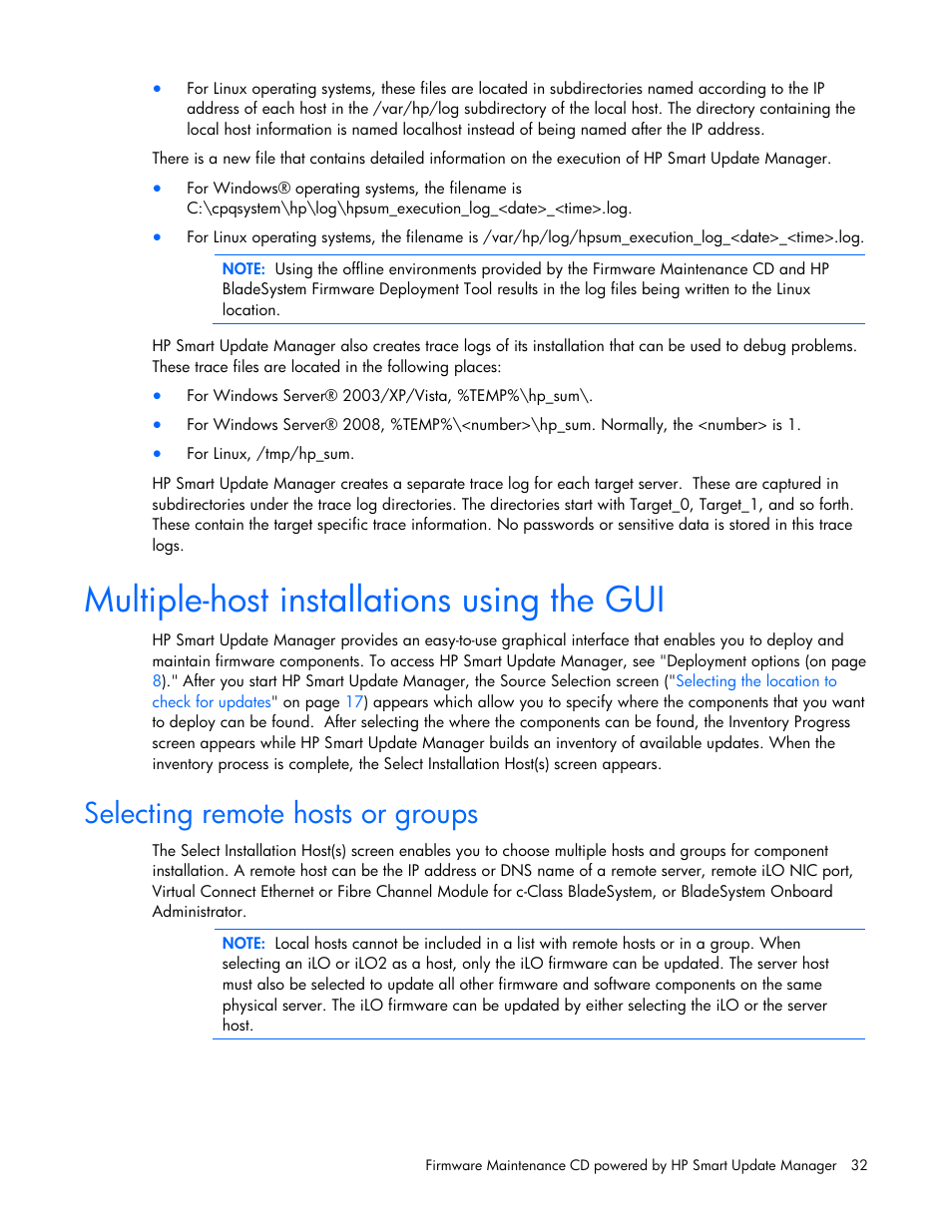 Multiple-host installations using the gui, Selecting remote hosts or groups | HP ProLiant BL685c G5 Server Blade User Manual | Page 32 / 87