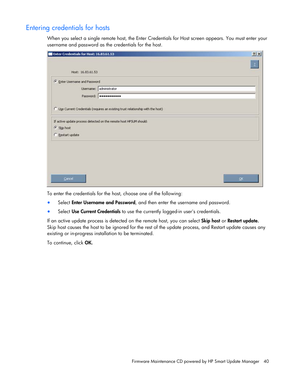 Entering credentials for hosts | HP ProLiant BL685c G5 Server Blade User Manual | Page 40 / 87