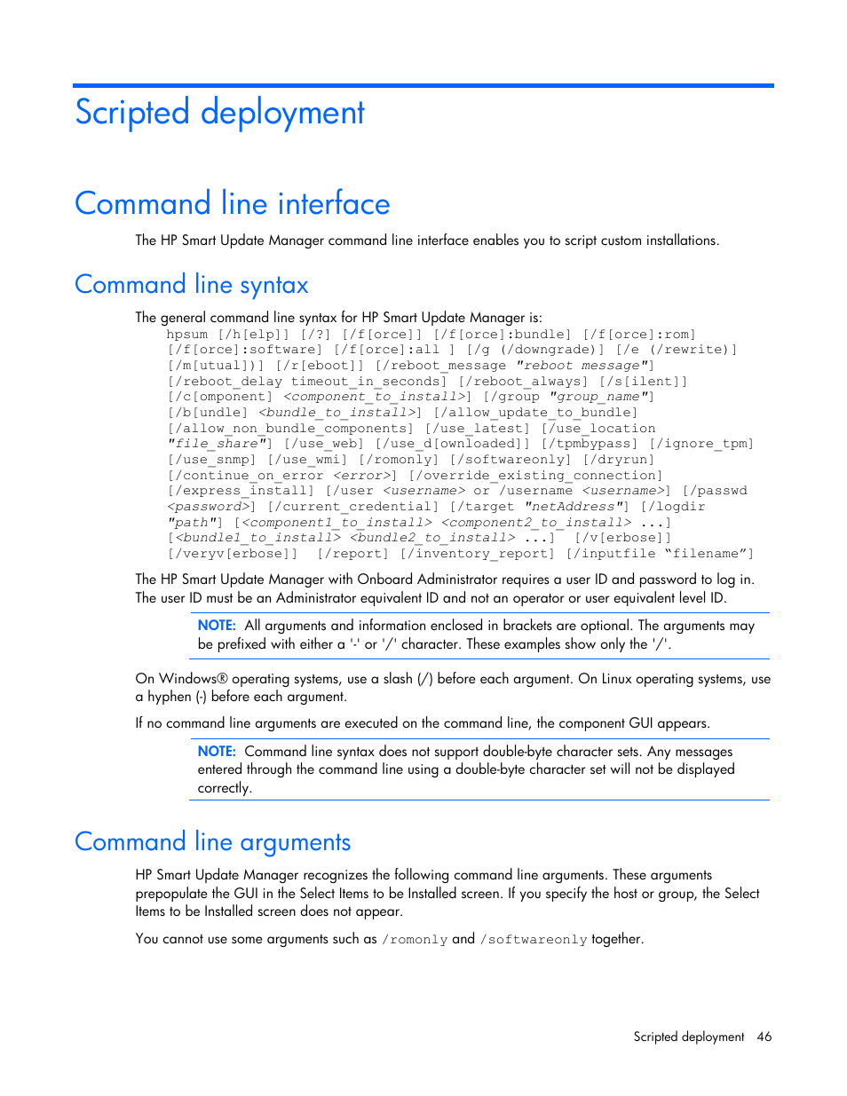 Scripted deployment, Command line interface, Command line syntax | Command line arguments, Command line syntax command line arguments | HP ProLiant BL685c G5 Server Blade User Manual | Page 46 / 87