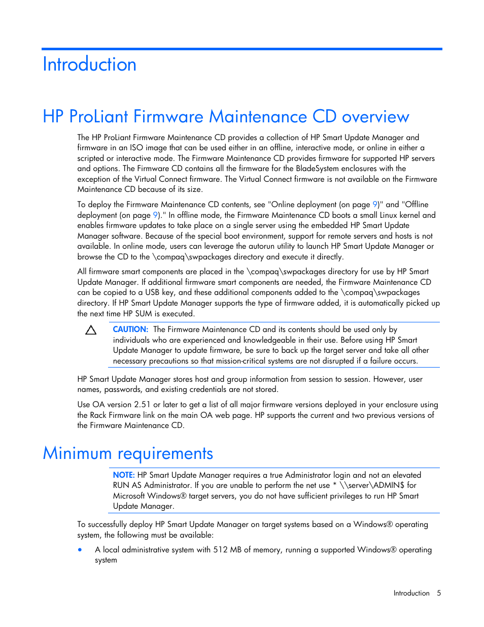 Introduction, Hp proliant firmware maintenance cd overview, Minimum requirements | HP ProLiant BL685c G5 Server Blade User Manual | Page 5 / 87