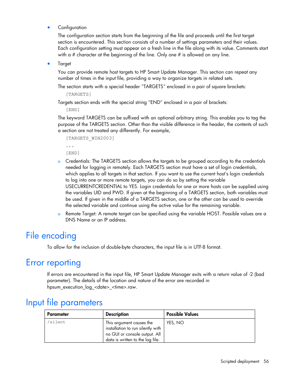 File encoding, Error reporting, Input file parameters | HP ProLiant BL685c G5 Server Blade User Manual | Page 56 / 87