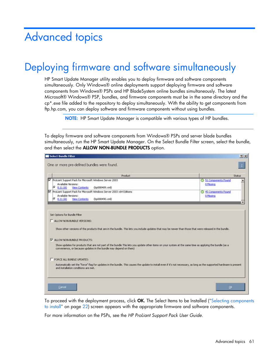 Advanced topics, Deploying firmware and software simultaneously | HP ProLiant BL685c G5 Server Blade User Manual | Page 61 / 87