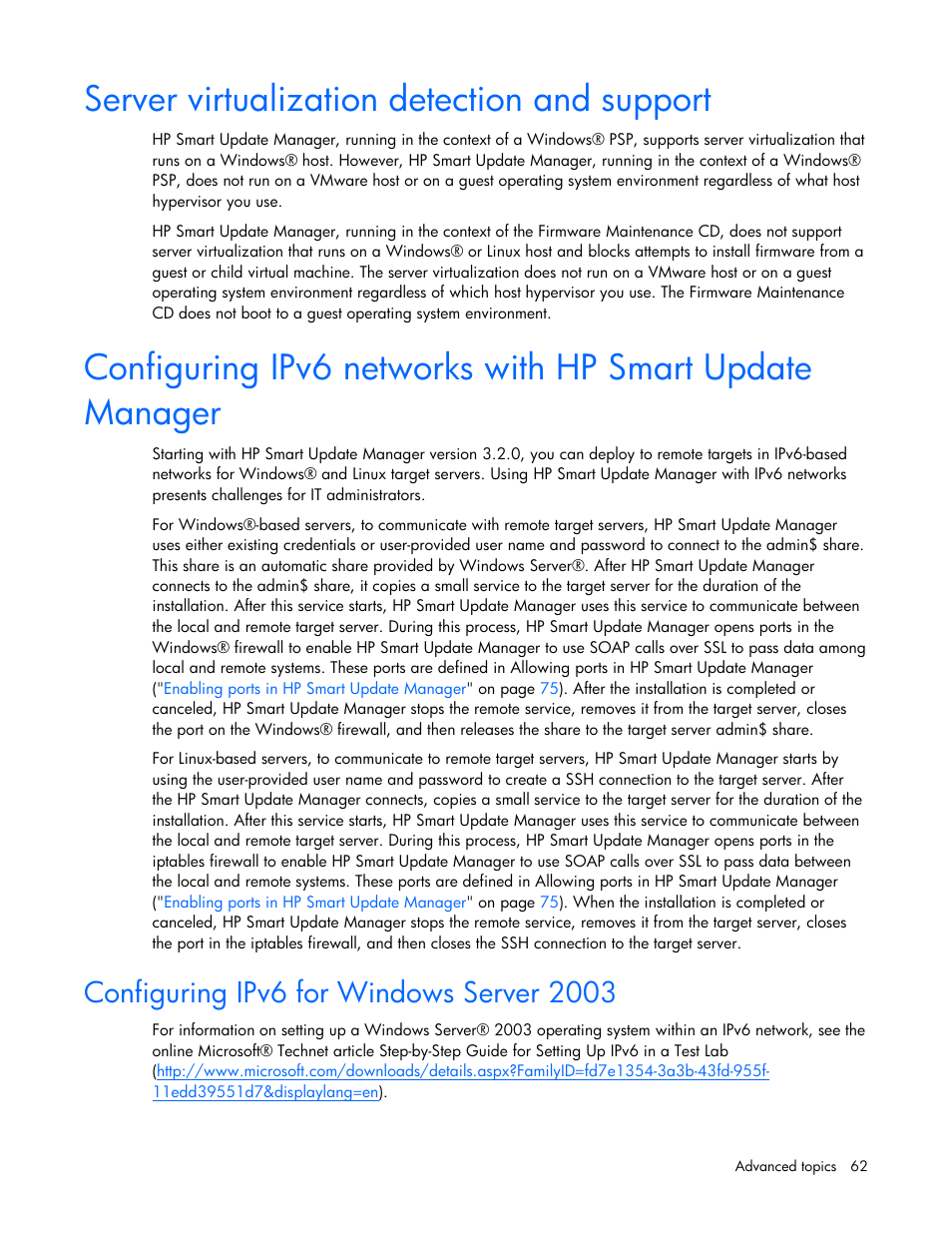 Server virtualization detection and support, Configuring ipv6 for windows server 2003 | HP ProLiant BL685c G5 Server Blade User Manual | Page 62 / 87