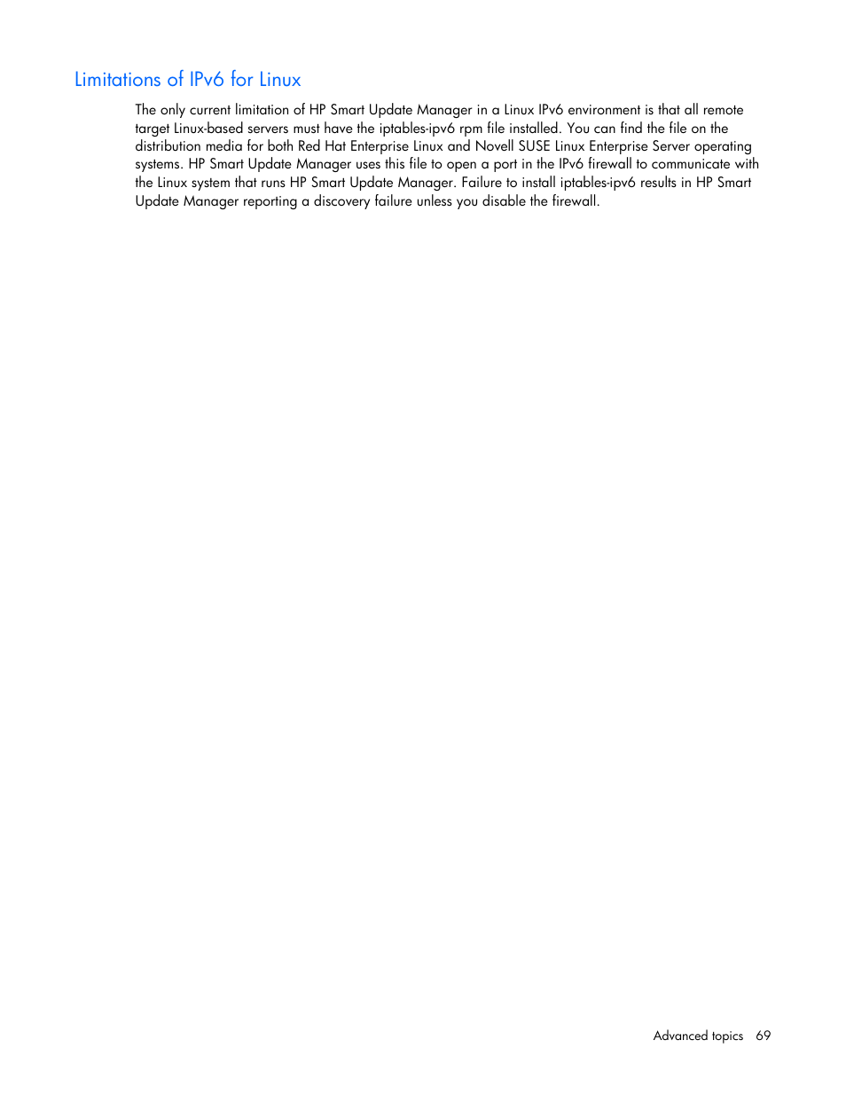 Limitations of ipv6 for linux | HP ProLiant BL685c G5 Server Blade User Manual | Page 69 / 87