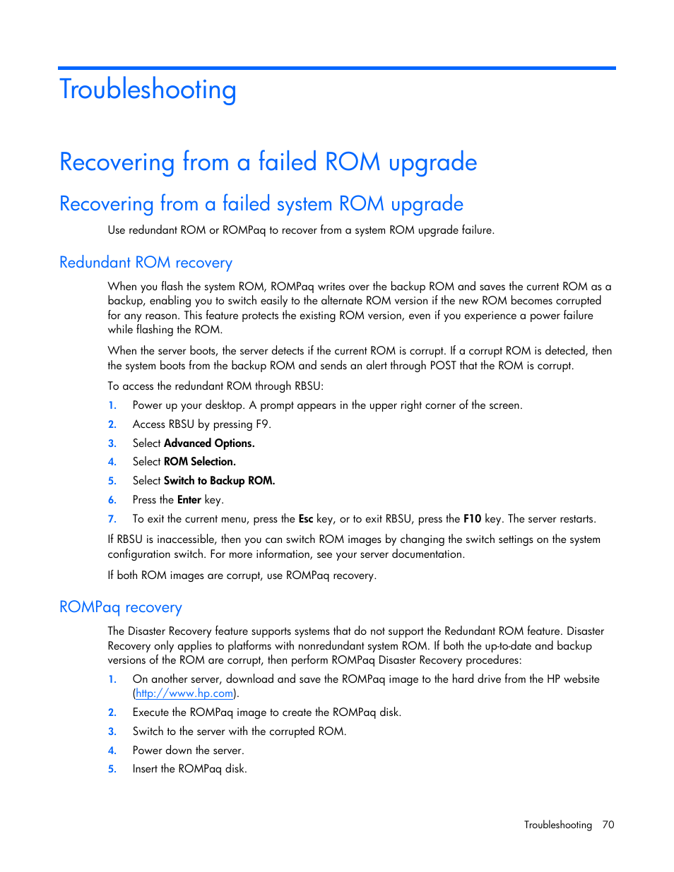 Troubleshooting, Recovering from a failed rom upgrade, Recovering from a failed system rom upgrade | Redundant rom recovery, Rompaq recovery | HP ProLiant BL685c G5 Server Blade User Manual | Page 70 / 87