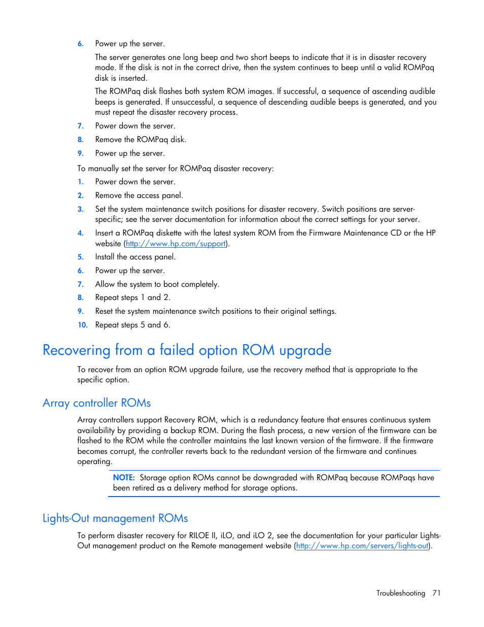 Recovering from a failed option rom upgrade, Array controller roms, Lights-out management roms | HP ProLiant BL685c G5 Server Blade User Manual | Page 71 / 87