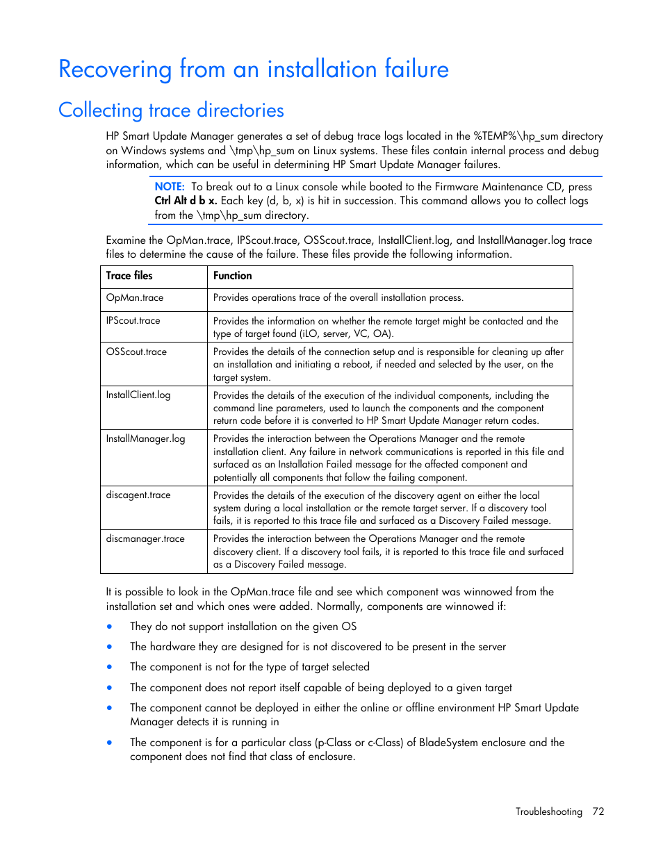 Recovering from an installation failure, Collecting trace directories | HP ProLiant BL685c G5 Server Blade User Manual | Page 72 / 87