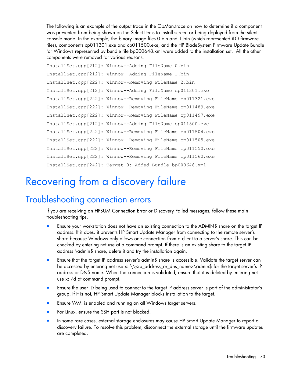 Recovering from a discovery failure, Troubleshooting connection errors | HP ProLiant BL685c G5 Server Blade User Manual | Page 73 / 87