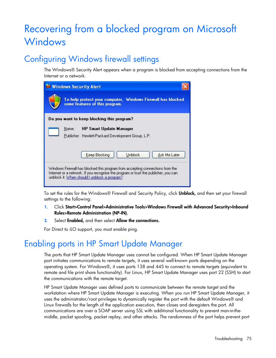 Configuring windows firewall settings, Enabling ports in hp smart update manager | HP ProLiant BL685c G5 Server Blade User Manual | Page 75 / 87