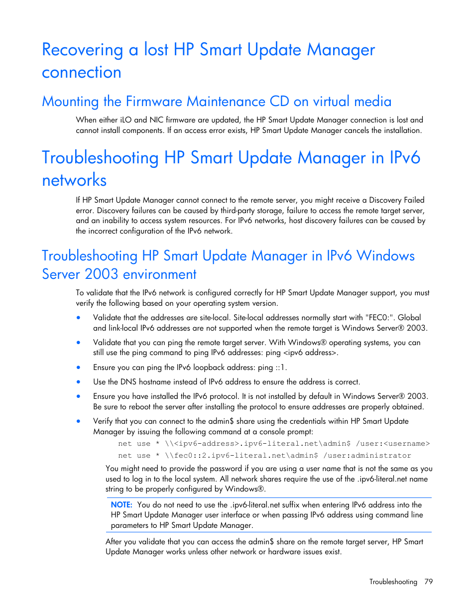 Troubleshooting hp, Smart update manager in ipv6 networks, Troubleshooting hp smart | Update manager in ipv6 networks | HP ProLiant BL685c G5 Server Blade User Manual | Page 79 / 87