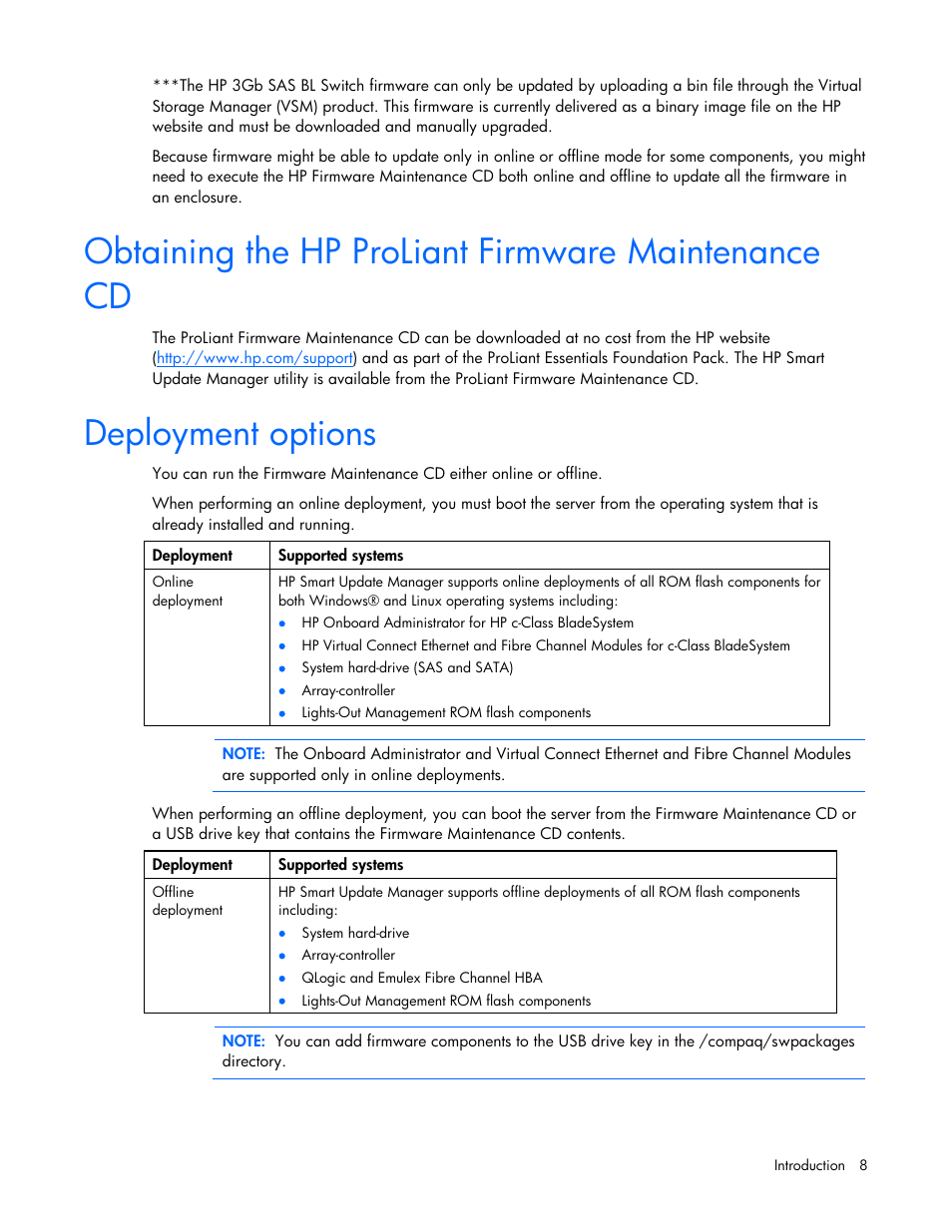 Obtaining the hp proliant firmware maintenance cd, Deployment options | HP ProLiant BL685c G5 Server Blade User Manual | Page 8 / 87