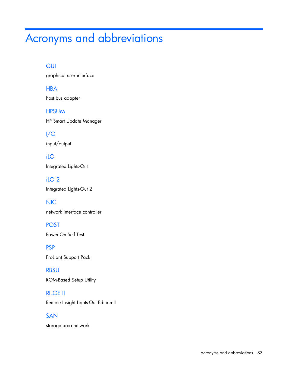 Acronyms and abbreviations | HP ProLiant BL685c G5 Server Blade User Manual | Page 83 / 87