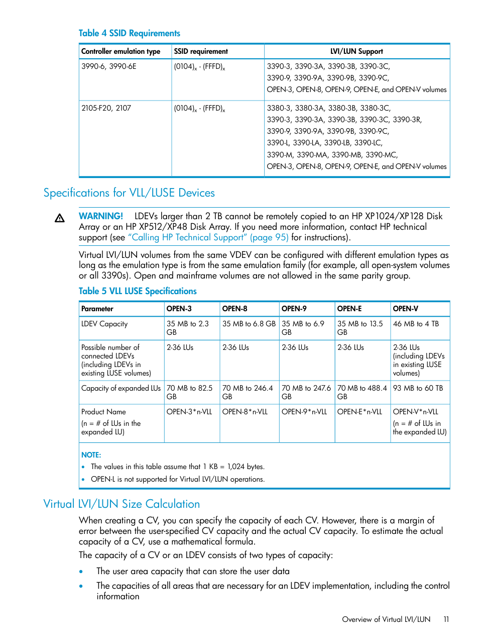 Specifications for vll/luse devices, Virtual lvi/lun size calculation | HP XP Data Shredder Software User Manual | Page 11 / 101